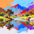Scarlet Reflection — Colorful Mountain Landscape Canvas Art