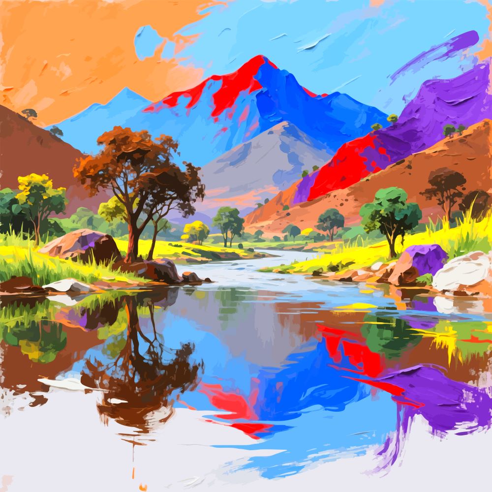 Scarlet Reflection — Colorful Mountain Landscape Canvas Art