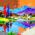 Cobalt & Crimson — Colorful Mountain Landscape Canvas Art