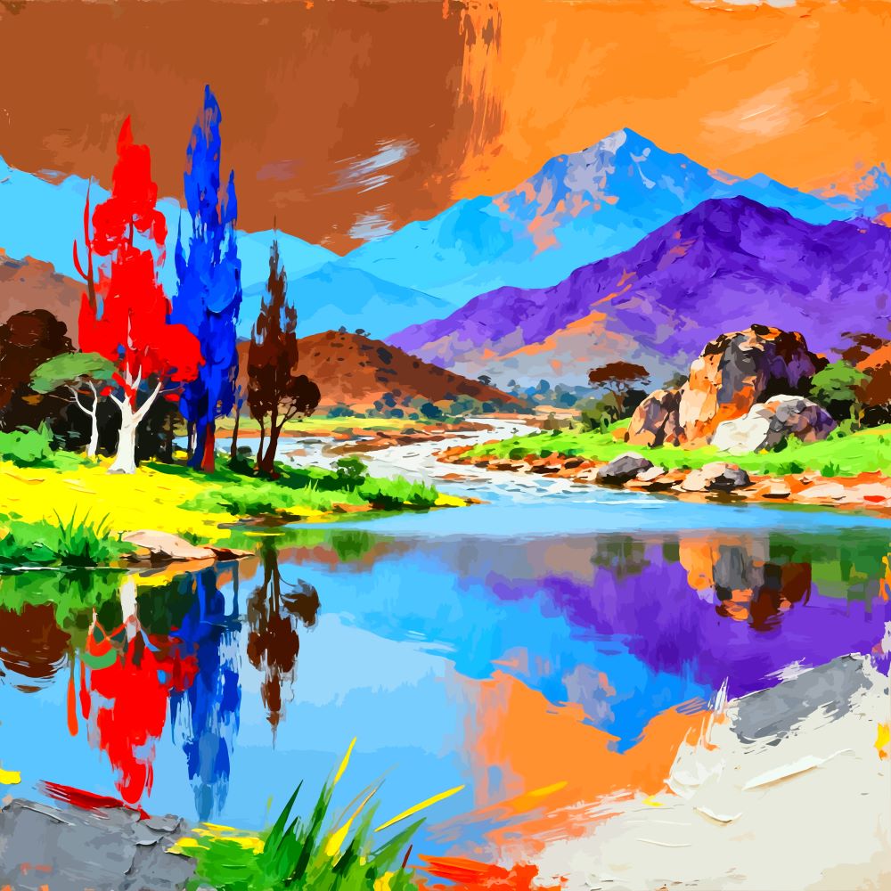 Cobalt & Crimson — Colorful Mountain Landscape Canvas Art
